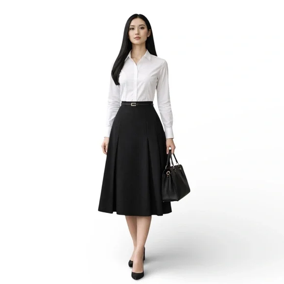 Vtg Harve Benard Classic Black Pleated Wool Midi Skirt - Hong Kong - Women’s 4 - Picture 2 of 10